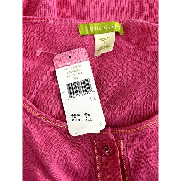 NWT Sigrid Olsen Fiesta Samba Island Flower Pink Long Sleeve Button Sweater 1X - Picture 6 of 9